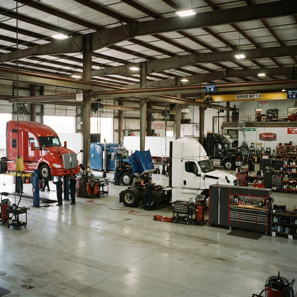 The multi-bay service floor at Big Rig Garage
