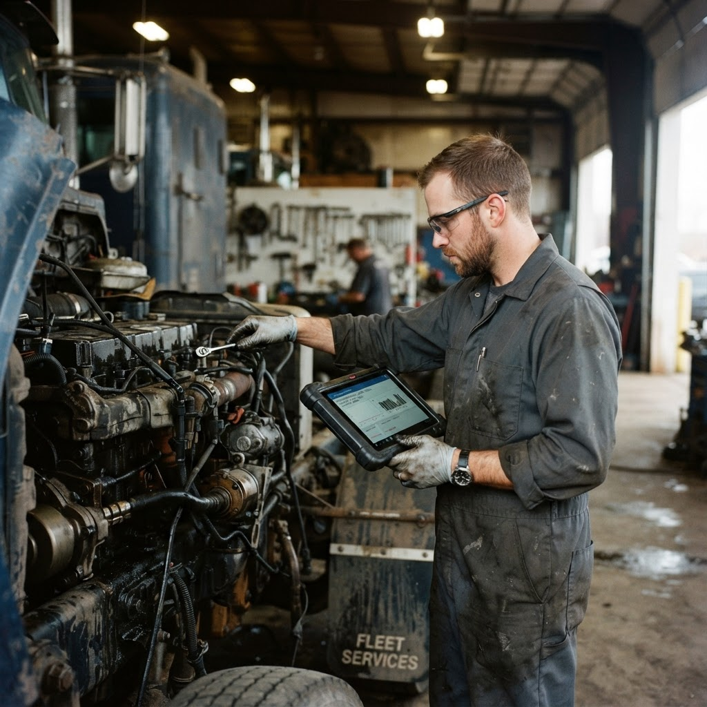 A Big Rig Garage diesel technician working on a heavy-duty engine